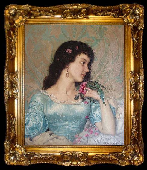 framed  Weerts Jean Joseph Beautiful pensive portrait of a young woman with a bird and flower, ta009-2